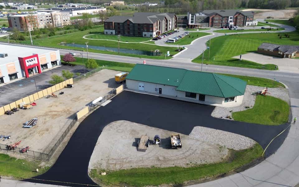 Parking lot that has been sealcoated and restriped